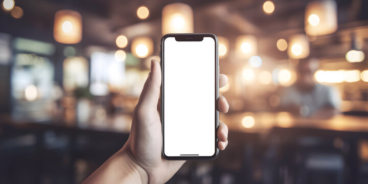 Man hand holds mobile phone with mockup white screen in bar closeup. Template for apps and advertising banners design on smartphone display