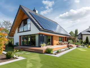 Residential home with solar panels on the roof, surrounded by green grass and blue sky, showcasing eco-friendly architecture and energy-efficient construction