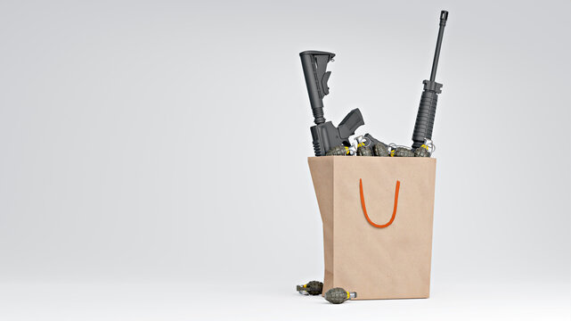 3D render of assault rifles and hand grenades in paper bag symbolizing arms trade