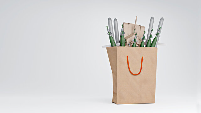 3D render of tank and missiles in paper bag symbolizing arms trade