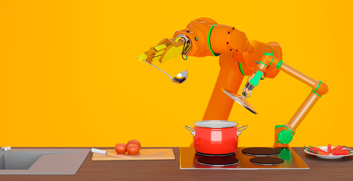 3D render of robotic arms preparing meal on stove