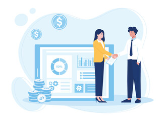 businessman invests money and cartoon investor takes credit for investment. partnership  money concept flat illustration