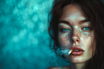 A pretty young freckled woman holding a lit cigarette in her mouth and smoking