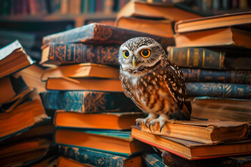 Cute owl and books, wisdom and knowledge concept.