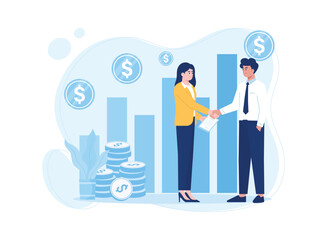 businessman invests money and cartoon investor takes credit for investment. partnership  money concept flat illustration