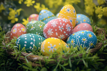 Fototapeta na wymiar Scene Adorned with Colorful Easter Eggs. Expressing the Joy and Vibrant Moments of Easter, Evoking the Atmosphere of Egg Hunts and the Arrival of Spring.