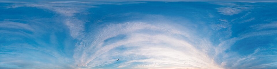 Dark Sunset sky panorama with glowing pink Cirrus clouds. HDR 360 seamless spherical panorama. Full zenith or sky dome in 3D, sky replacement for aerial drone panoramas. Climate and weather change.
