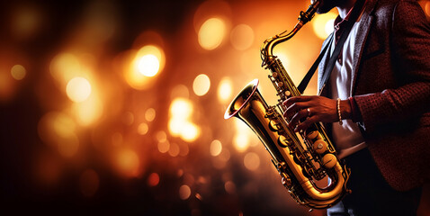 International jazz day and World Jazz festival. Saxophone, music instrument played by saxophonist player musician - 728331382