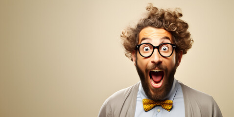 wow saying success celebrating laughing happy excited shocked feeling man crazy bearded young amazement amazing celebrate charming fascinating fun happiness shock successful surprise - obrazy, fototapety, plakaty