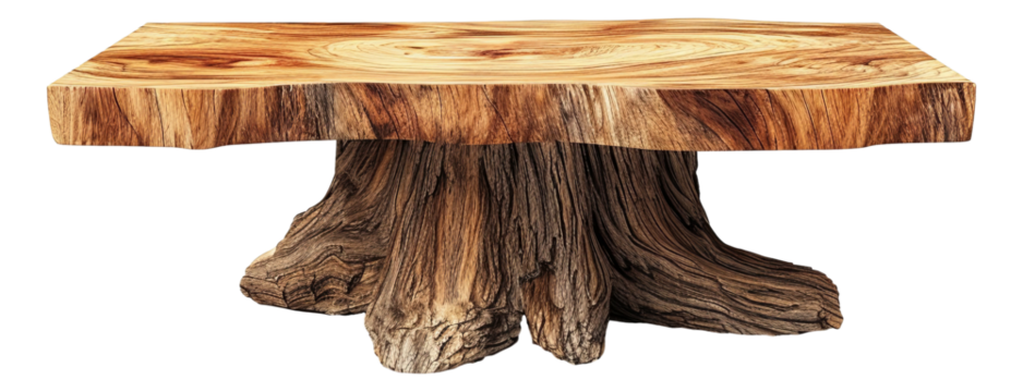 Elegant wooden table showcasing beautiful natural wood grain and texture, fully isolated on a white background with visible dimensions. illustration PNG element cut out transparent isolated.
