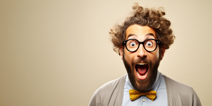 wow saying success celebrating laughing happy excited shocked feeling man crazy bearded young amazement amazing celebrate charming fascinating fun happiness shock successful surprise