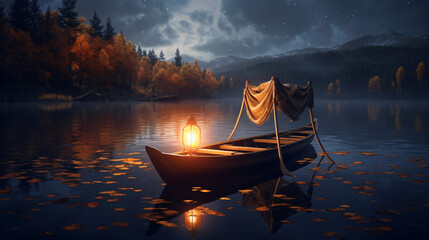  canoe sitting on a lake with a blanket and lanter