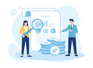 business woman and business man analyzing diagram document concept flat illustration