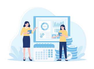 two businesswomen discussing growth and business planning concept flat illustration