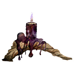 Hand drawn watercolor sea witch altar objects. Burning pillar votive candle on bog driftwood, gothic purple. Single object isolated on white background. Design for print, shop, magic, witchcraft wicca
