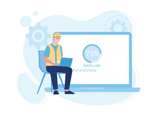 man with laptop installing software update concept flat illustration