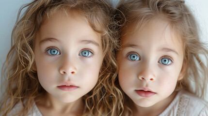 A pair of young identical twins confidently gaze into the camera's lens