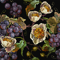 Yellow peonies flowers and cluster of grapes, seamless pattern. Harvest art. Embroidery garden style. Fashion template fashionable clothes, t-shirt design, print, renaissance style
