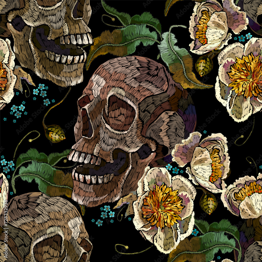 Wall mural Embroidery human skull and yellow peones flowers. Seamless pattern. Dark gothic art. Halloween art. Medieval style. Fashion clothes template and t-shirt design