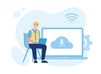 worker with download management laptop in cloud concept flat illustration