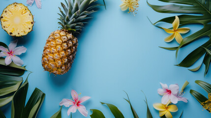 Top view pineapple with tropical palm tree and leaves on blue background, Minimal fashion summer holiday concept. Flat lay