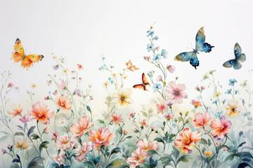 An watercolor painting of picturesque meadow blooms with gracefully fluttering butterflies