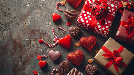 Valentines Day background with chocolates, hearts and presents