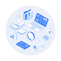 Auditing, business analysis concept. Analytics data. Financial strategy, graphs and charts in economic documents. Vector outline illustration with isometry scene for web graphic