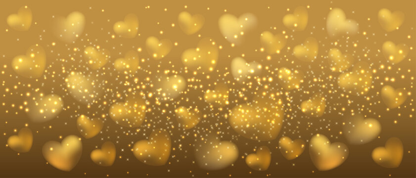 Golden gradient background with falling bokeh, scatter confetti, flying hearts. Valentines day template of gold heart on glowing lights wallpaper. Love holiday vector for flier, greeting card, poster.