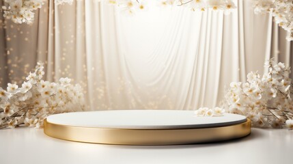 An opulent spring fashion stage with minimalistic gold and white decor, exuding elegance.