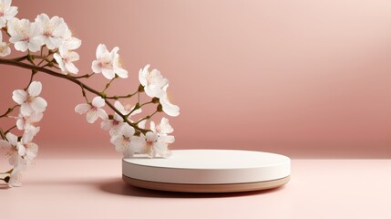 Obraz na płótnie Canvas Product Presentation on a Round Podium Platform with Spring Flowering Tree Branch and White Blossom Flowers on a Pastel Background.