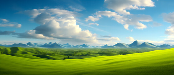 Fototapeta na wymiar Natural landscape with green meadows, blue sky with clouds and mountains in the background.