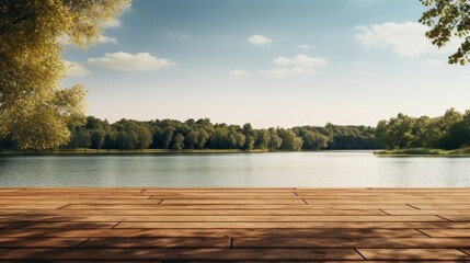 Obraz premium An unoccupied stage on a tranquil riverside, with gentle waters and a serene natural setting.