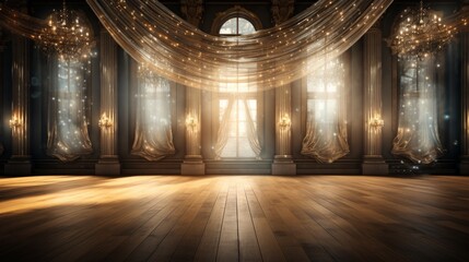 An opulent empty event stage with a shimmering crystal curtain backdrop and grandeur