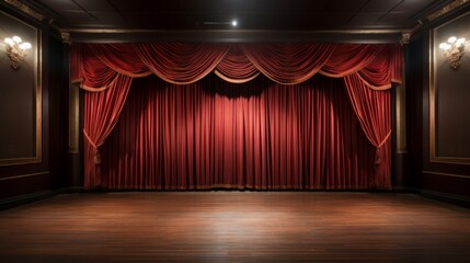 An upscale empty theater stage with dramatic, floor-to-ceiling red curtains and a classic backdrop.