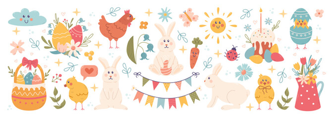 Happy Easter cute vector big set. Rabbit, egg, flower and other spring elements. Vector cartoon illustration