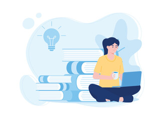 woman sitting in front of laptop and reading online book online education concept flat illustration