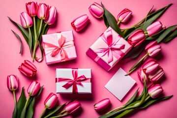 Illustrate the beauty of affection with a top-view photo showcasing a beautifully adorned gift box, ribbon, and a charming tulip bouquet against a pink background—an ideal concept for Mother's Day.