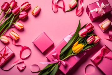 Craft a heartfelt visual story for Mother's Day or Valentine's with a top-view snapshot featuring a gift box, ribbon, and a vibrant bouquet of tulips on a captivating pink setting.