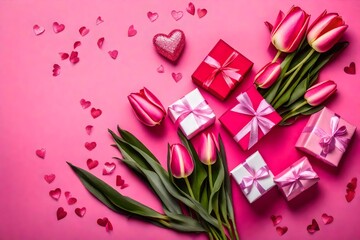 ⦁	Convey sentiments of love and tenderness with a top-view photograph capturing a meticulously adorned gift box, ribbon, and a charming tulip bouquet on a soft pink surface, perfect for Mother's Day.