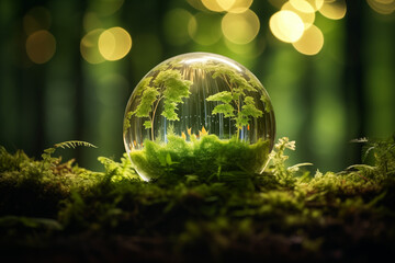 Governance Crystal globe placed on moss in forest There is sunlight shining through Concepts of ESG