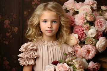 Little girl stands gracefully alongside vibrant bunch of flowers, captivated by their beauty