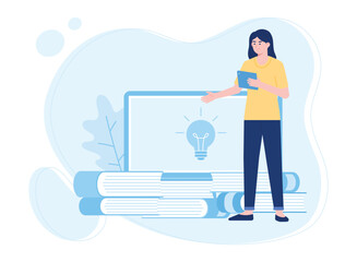 online education with woman holding smartphone book and light bulb concept flat illustration