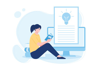 woman preparing for online exam by reading book concept flat illustration