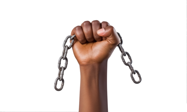 un poing levé noir qui tient une chaîne brisée sur fond transparent