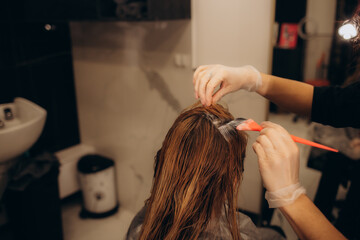 The hairdresser dyeing blonde hair roots with a brush for a young woman in a hair salon