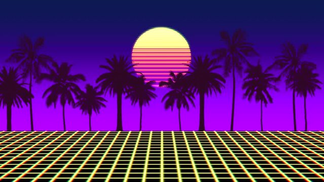 Vibrant retro 80s style image with palm trees, a sunset backdrop, and a futuristic grid pattern. Bright colors and gradients create a playful and nostalgic feel