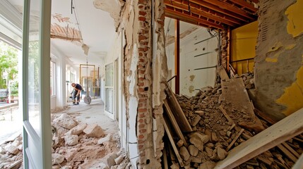 Experienced contractor working on interior home renovation and refurbishment project - obrazy, fototapety, plakaty