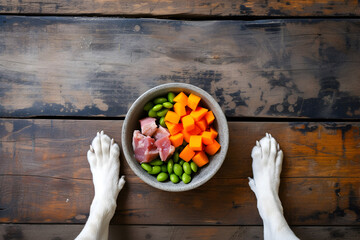 Raw pet diet concept - raw meat in vegetables in dog's bowl, balanced meal, top view