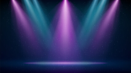 Pink blue purple spotlight backdrop. Illuminated blue pink stage. Background for displaying products. Bright beams of spotlights, shimmering glittering particles, a spot of light. Vector illustration